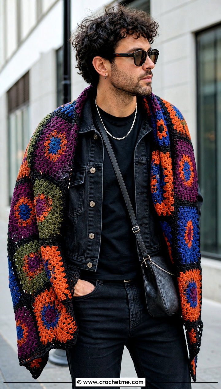 Granny Square Crochet Shawl With Black Denim - 30 crochet shawl for men outfit ideas