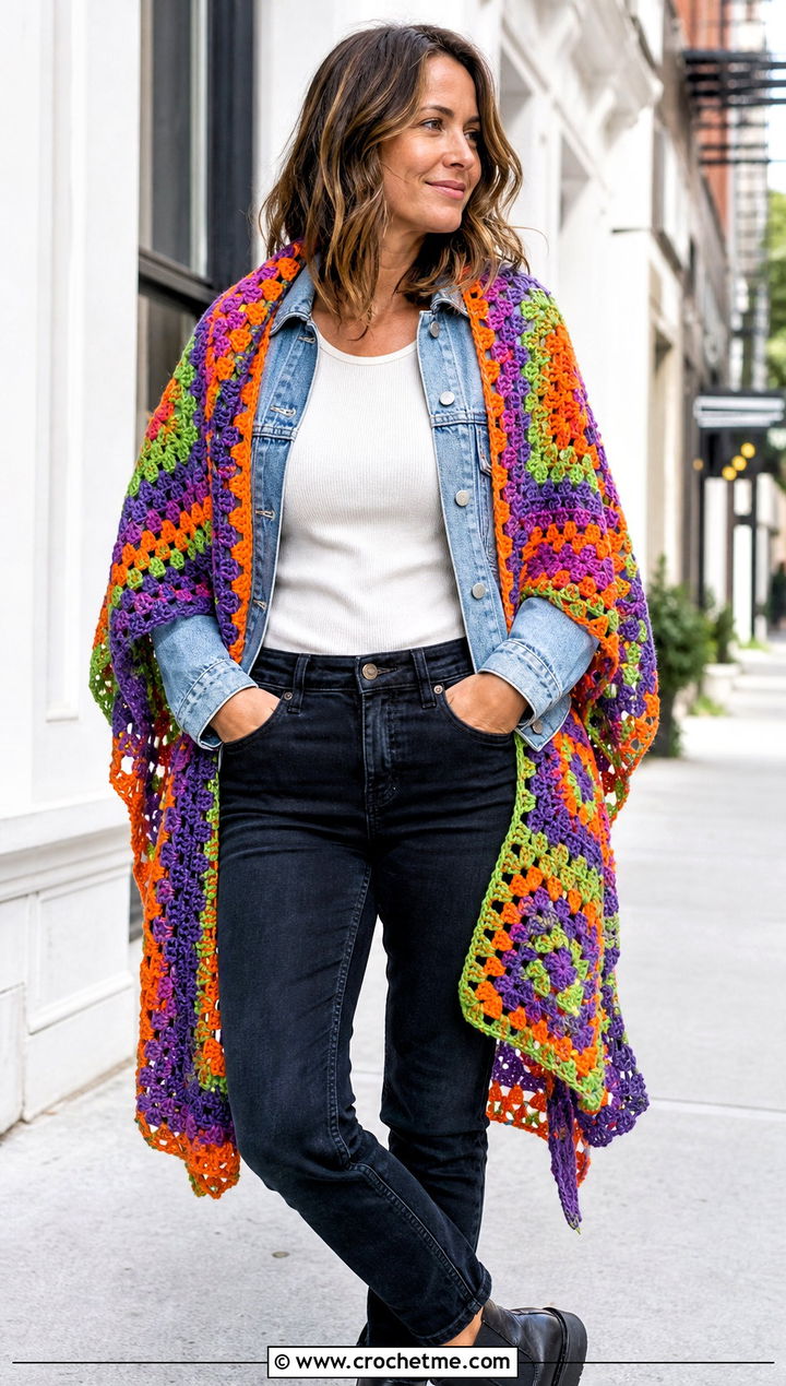 Granny Square Crochet Shawl With Denim Jacket - 30 winter crochet shawl outfit ideas