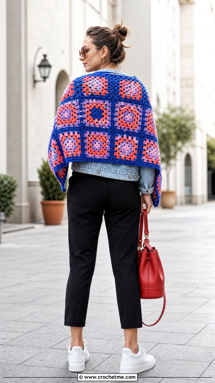 Granny Square Crochet Shawl With Denim Jacket - 35 crochet shawls and wraps outfit ideas