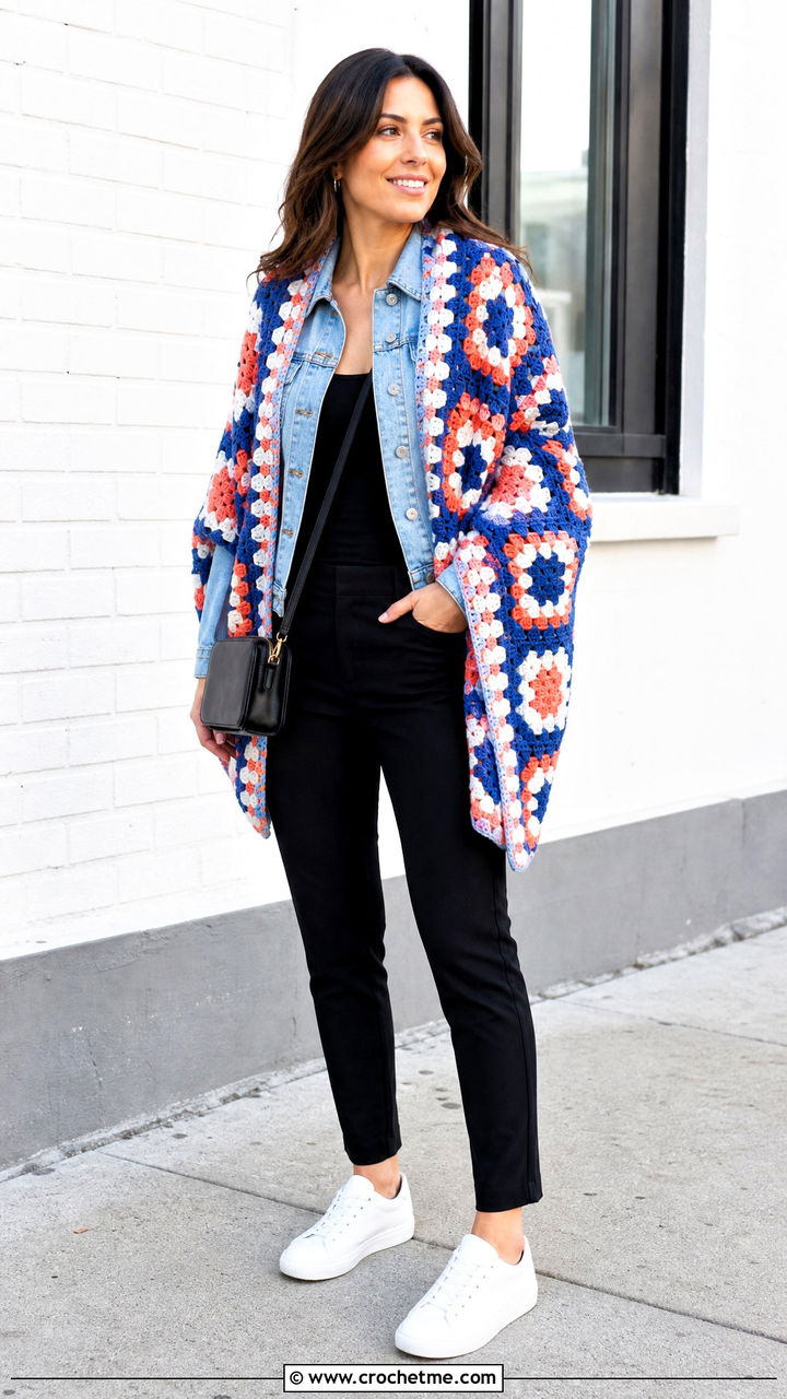 Granny Square Crochet Shawl With Denim Jacket - 35 easy simple crochet shawl outfit ideas