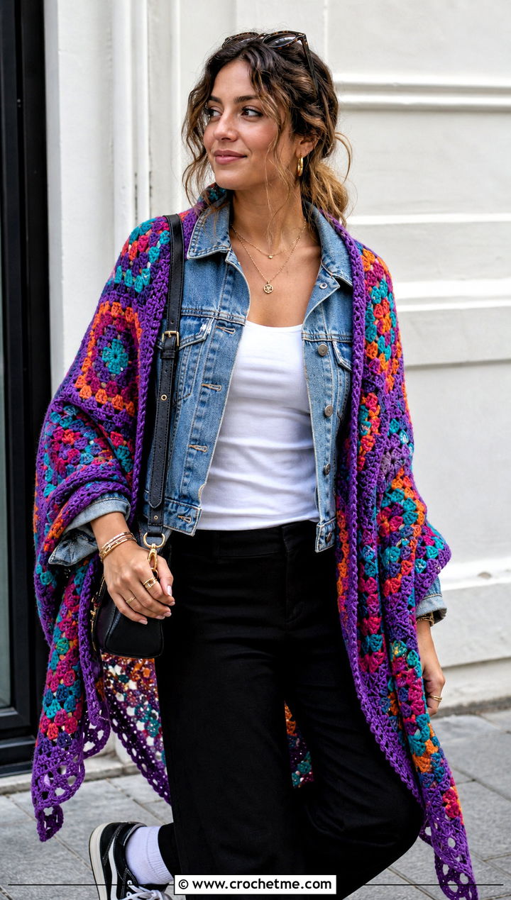 Granny Square Crochet Shawl With Denim Jacket - 25 crochet for shawls outfit ideas