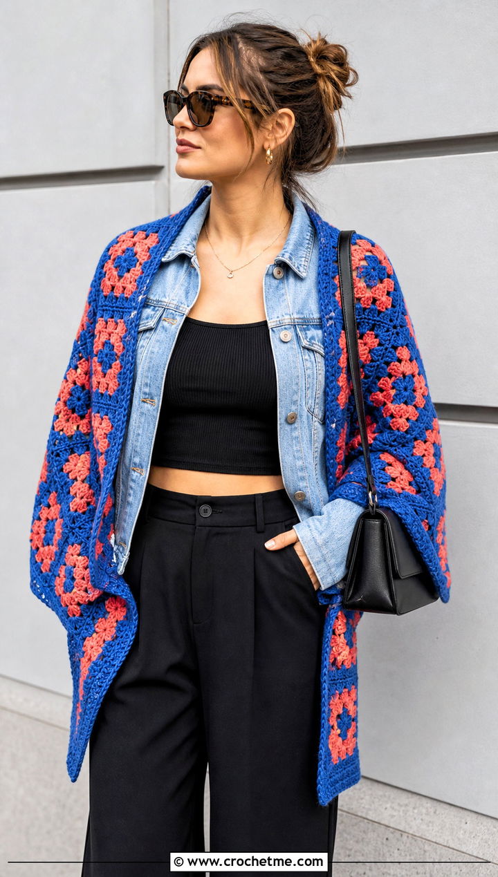 Granny Square Crochet Shawl With Denim Jacket - 25 Simple Crochet Shawl outfit ideas