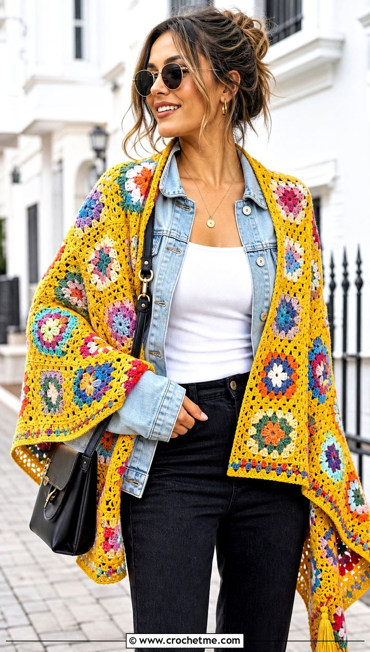Granny Square Crochet Shawl With Denim Jacket - 20 Crochet For Shawls And Wraps outfit ideas