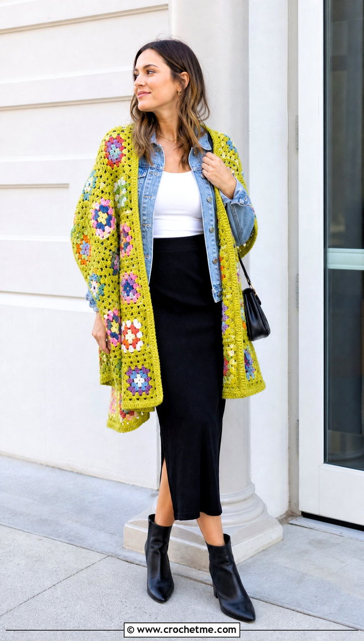 Granny Square Crochet Shawl With Denim Jacket - 20 Crochet Shawl Worsted Weight Yarn outfit ideas