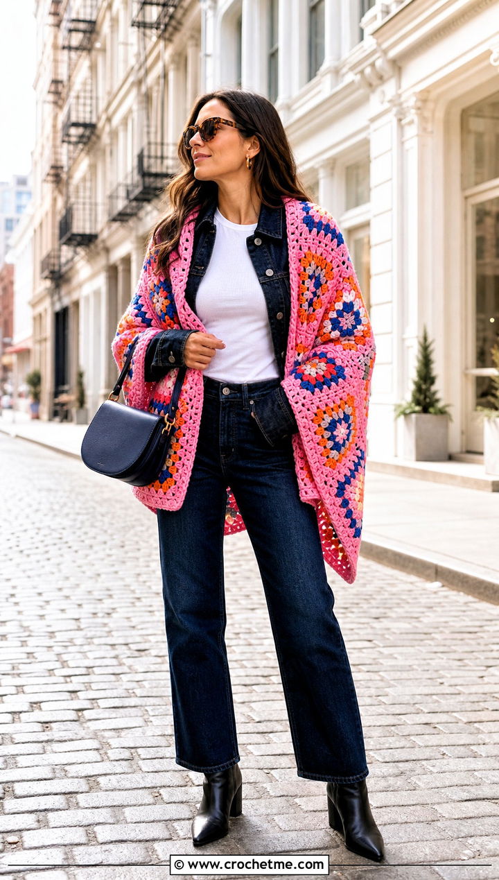 Granny Square Crochet Shawl With Denim Jacket - 20 Elegant Crochet Shawl outfit ideas