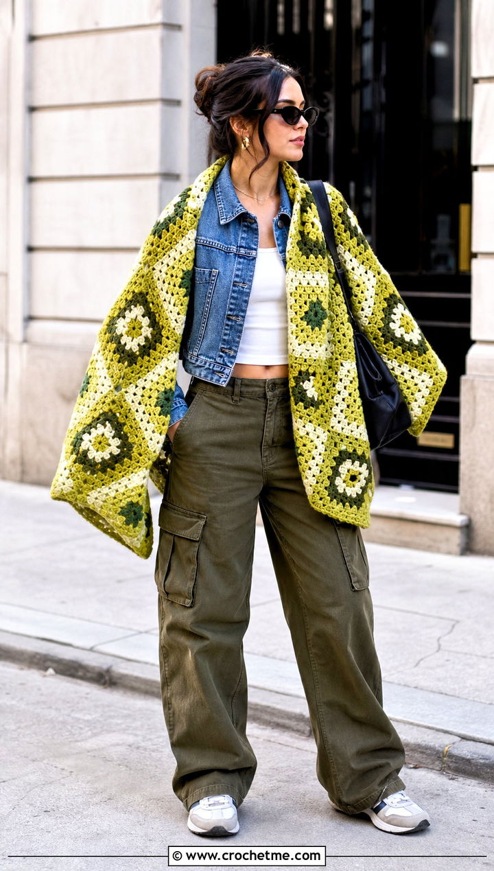 Granny Square Crochet Shawl With Denim Jacket And Cargo Pants - 35 quick crochet shawl outfit ideas
