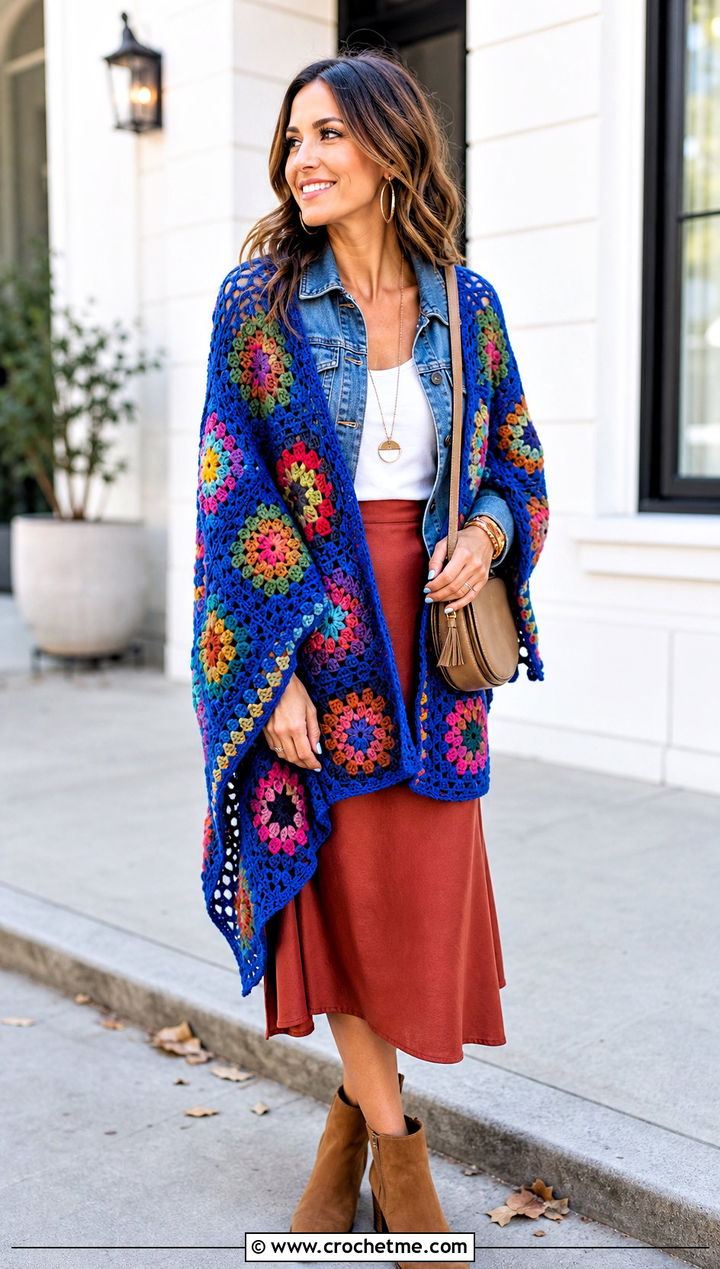 Granny Square Crochet Shawl With Denim Jacket And Midi Skirt - 15 Easy Crochet Shawls outfit ideas