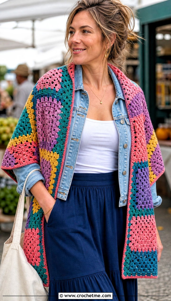 Granny Square Crochet Shawl With Denim Jacket And Skirt - 25 Spring Crochet Shawl outfit ideas