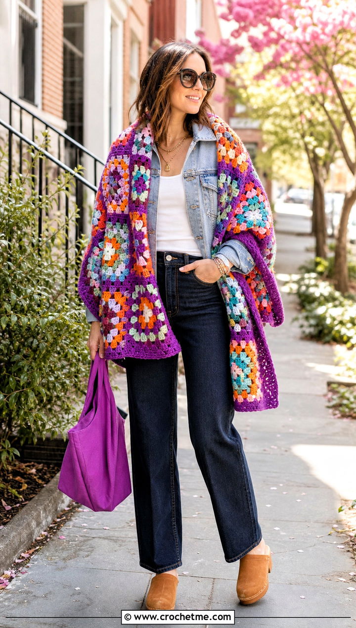 Granny Square Crochet Shawl With Denim Jacket - 30 crochet shawl wraps outfit ideas