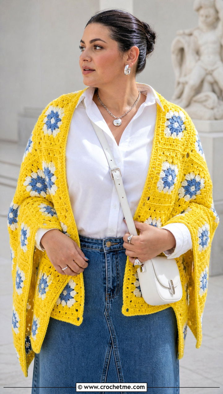 Granny Square Crochet Shawl With Denim Maxi Skirt - 20 Light Weight Crochet Shawl outfit ideas