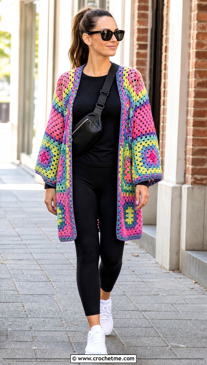 Granny Square Crochet Shawl With Sleeves And Black Leggings - 35 crochet shawl with sleeves outfit ideas