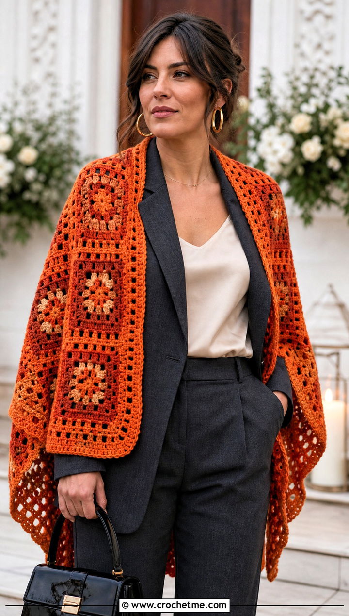 Granny Square Crochet Shawl With Tailored Pantsuit - 15 Winter Wedding Crochet Shawl outfit ideas