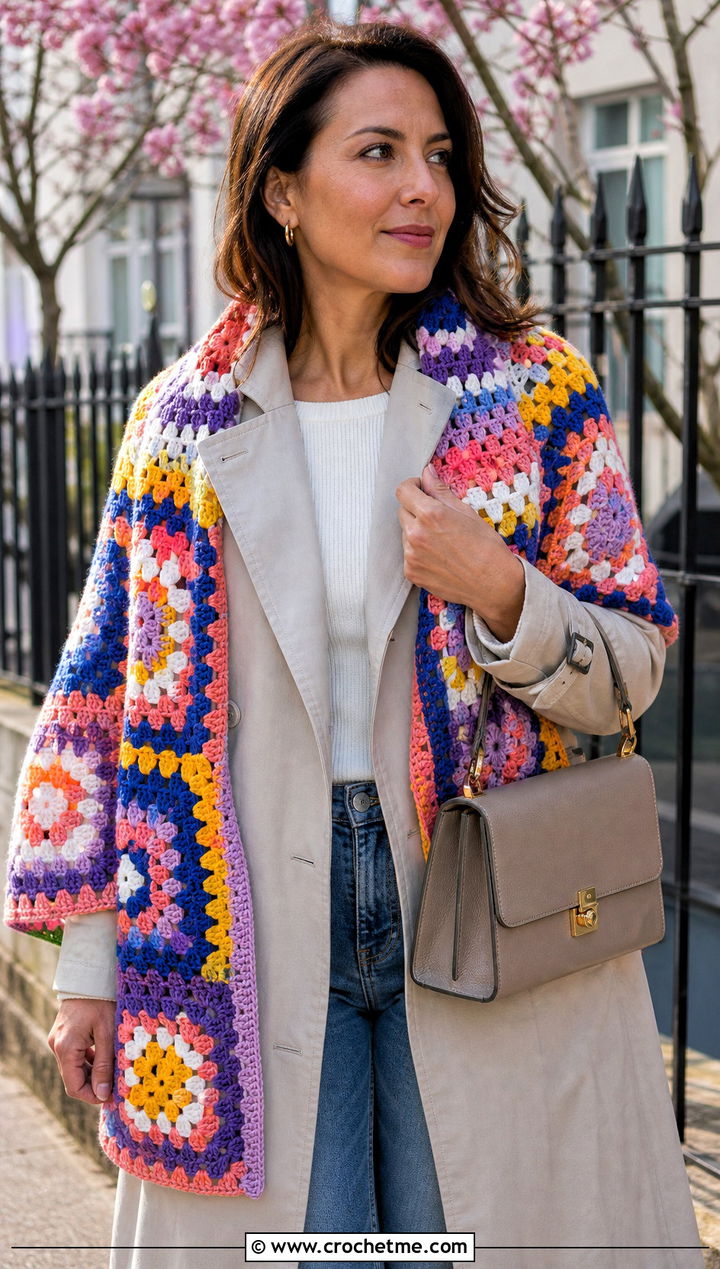 Granny Square Crochet Shawl With Trench Coat - 25 Crochet For Shawl outfit ideas