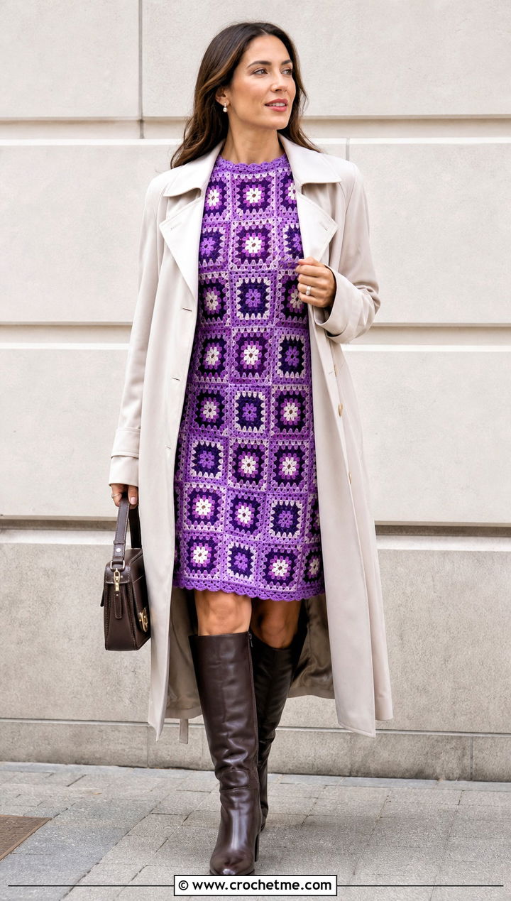 Granny Square Crochet Shift Dress With Trench Coat - 25 Granny Square Crochet Dress outfit ideas