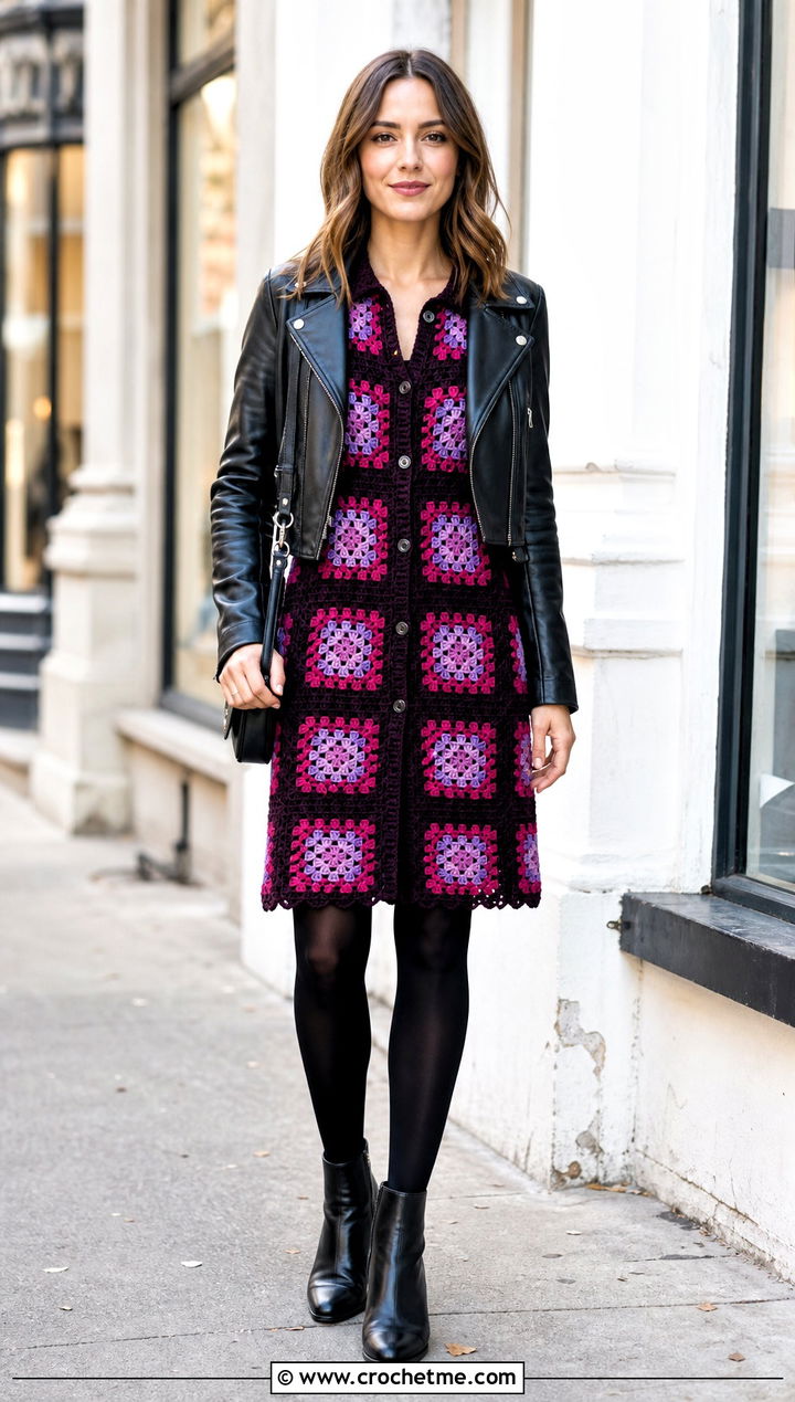 Granny Square Crochet Shirt Dress With Leather Jacket - 35 crochet shirt dress outfit ideas