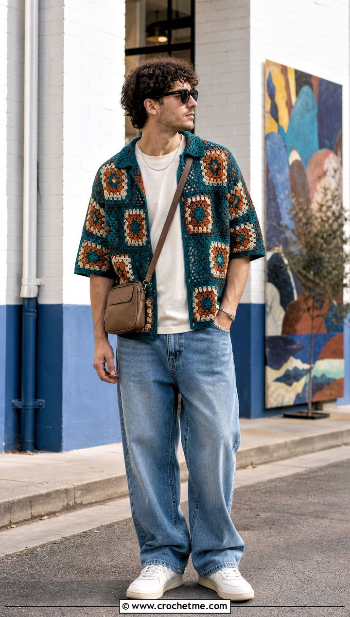 Granny Square Crochet Shirt With Baggy Jeans - 25 Crochet Men Clothing and outfit ideas