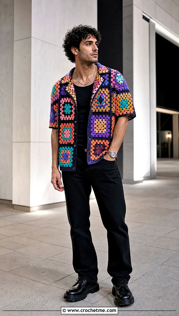 Granny Square Crochet Shirt With Black Jeans - 35 Mens Crochet Top outfit ideas