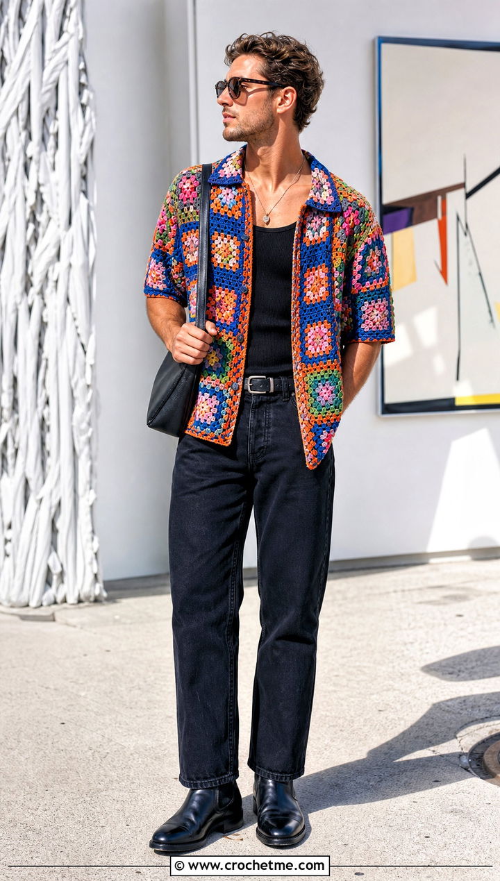 Granny Square Crochet Shirt With Black Jeans - 30 men crochet top outfit ideas