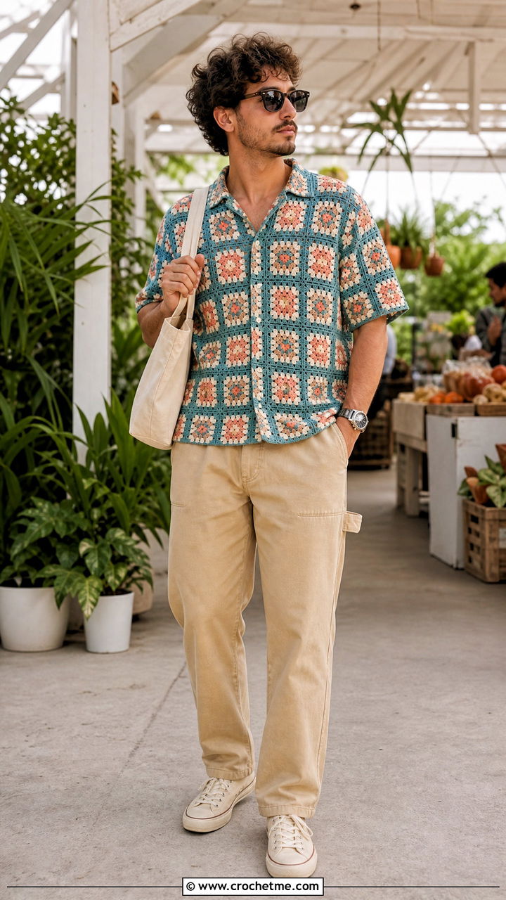 Granny Square Crochet Shirt With Carpenter Pants - 35 mens crochet shirt outfit ideas