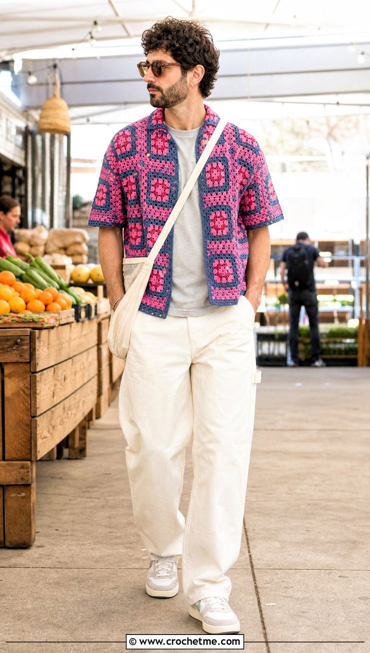 Granny Square Crochet Shirt With Carpenter Pants - 25 crochet clothes men ideas