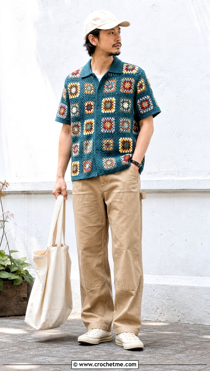 Granny Square Crochet Shirt With Carpenter Pants - 35 men's crochet shirt outfit ideas