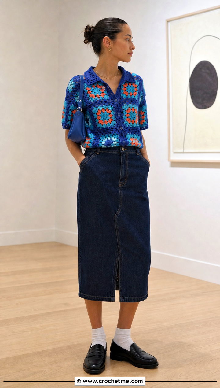 Granny Square Crochet Shirt With Denim Midi Skirt - 30 easy crochet shirt outfit ideas