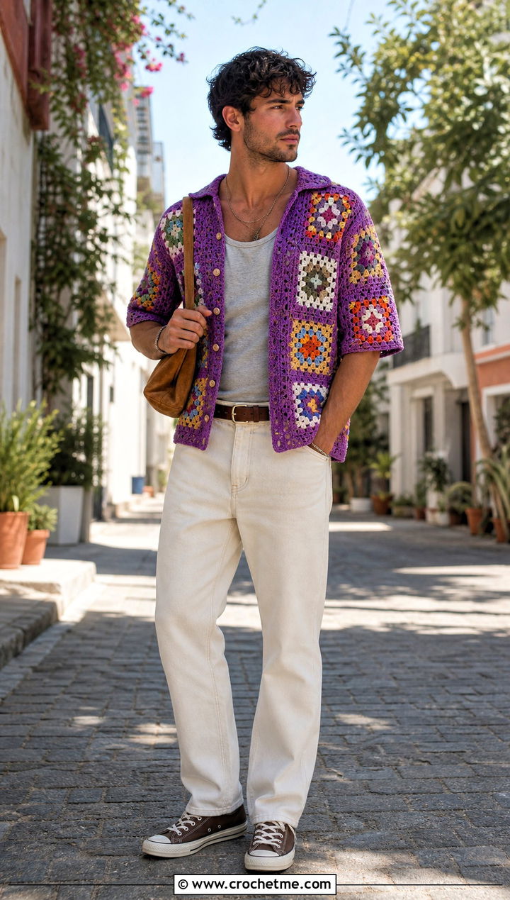 Granny Square Crochet Shirt With Ecru Jeans - 15 men's crochet top outfit ideas