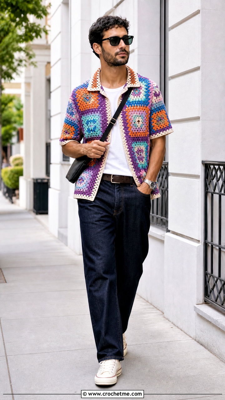 Granny Square Crochet Shirt With Straight Jeans - 35 crochet outfits for men outfit ideas