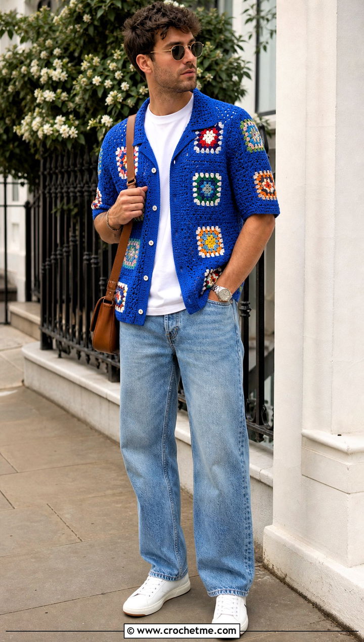 Granny Square Crochet Shirt With Straight Jeans - 35 crochet mens clothes and outfit ideas