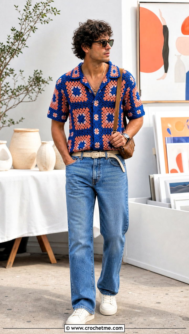 Granny Square Crochet Shirt With Straight Leg Jeans - 35 crochet man shirt outfit ideas