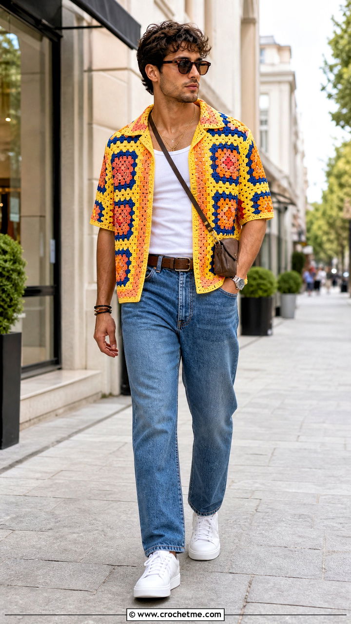 Granny Square Crochet Shirt With Straight Leg Jeans - 35 crochet men shirt outfit ideas