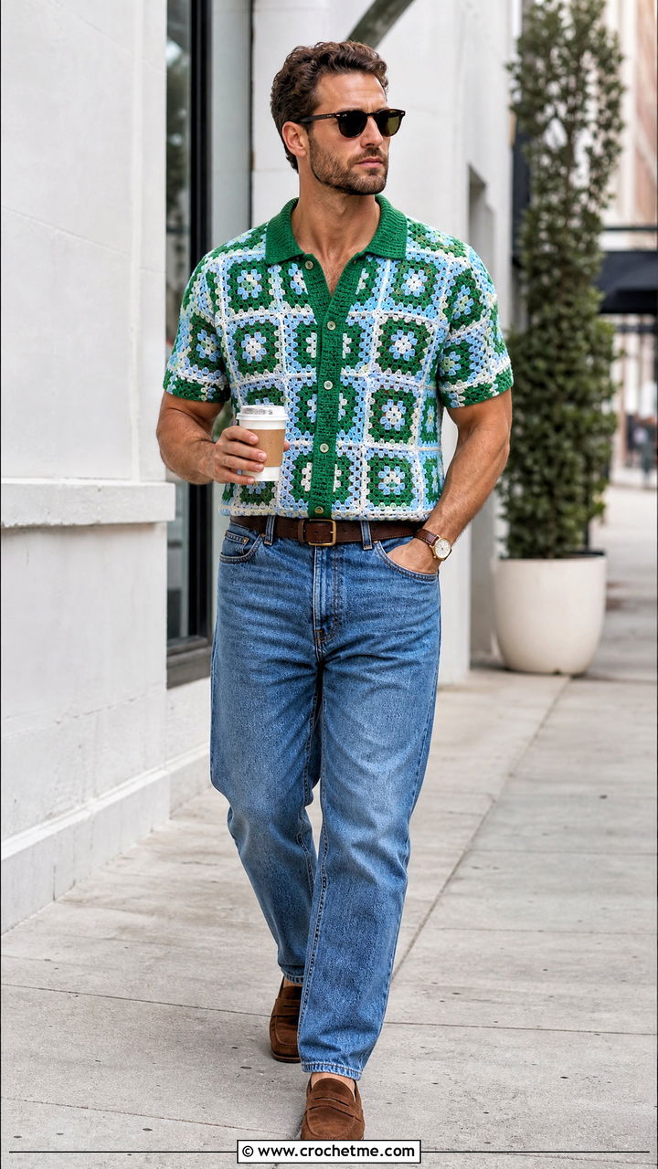 Granny Square Crochet Shirt With Straight Leg Jeans - 35 crochet shirts for men outfit ideas