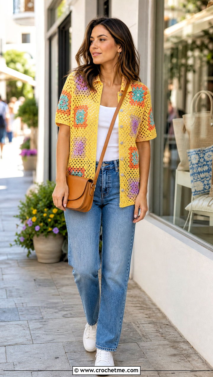Granny Square Crochet Shirt With Straight Leg Jeans - 15 Crochet Shirt Sweaters & Cardigans outfit ideas