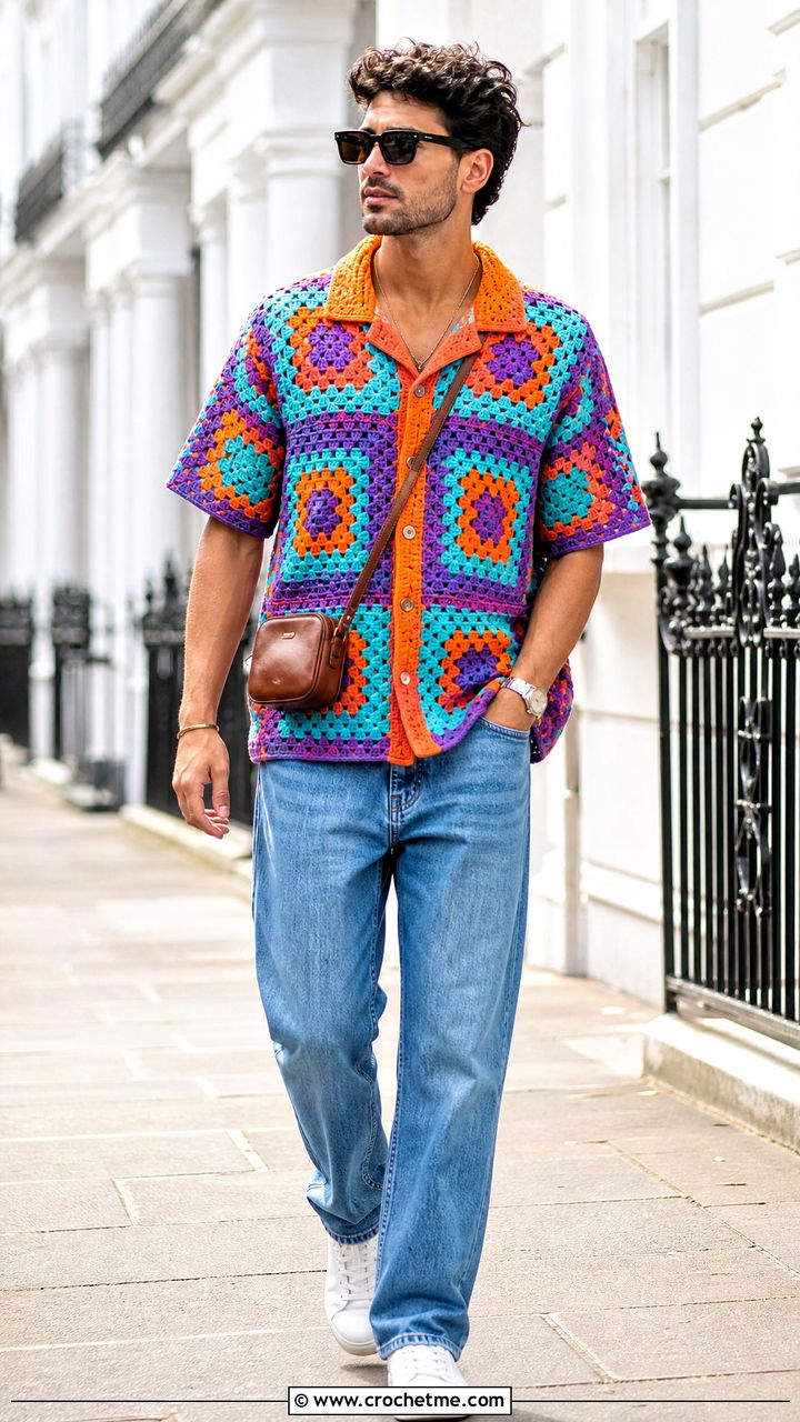 Granny Square Crochet Shirt With Straight Leg Jeans - 35 crochet male shirt outfit ideas