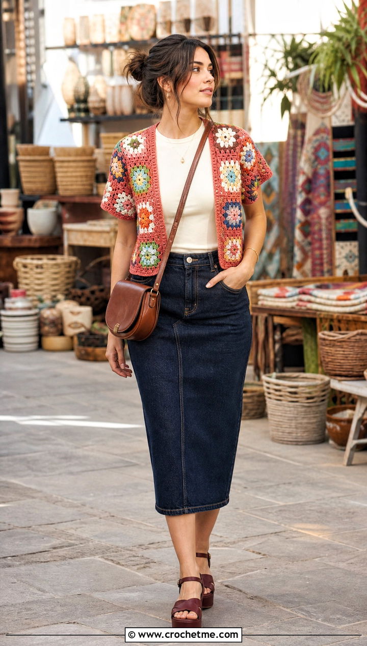 Granny Square Crochet Short Sleeve Shrug With Denim Skirt - 30 crochet short sleeve shrug outfit ideas