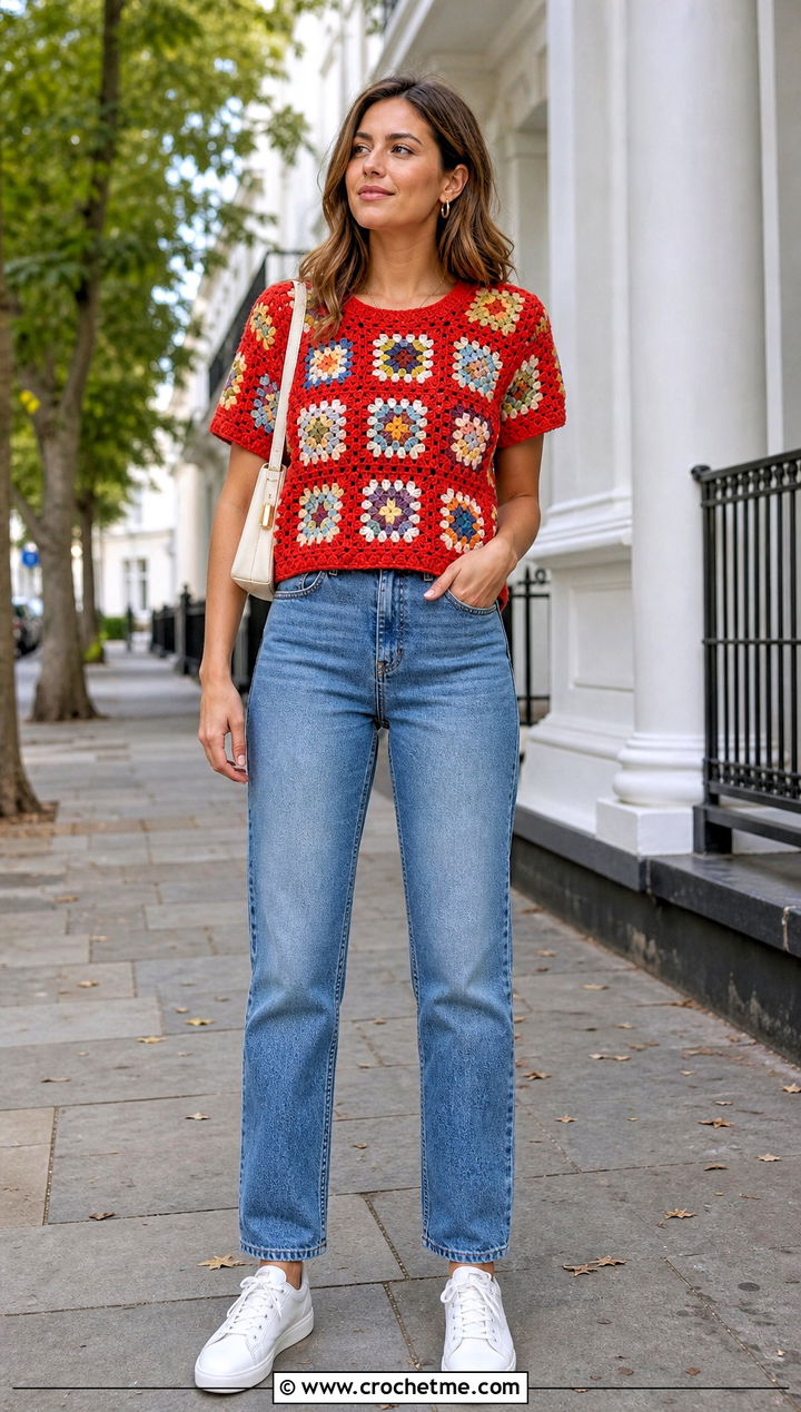Granny Square Crochet Short Sleeve Sweater With Straight Jeans - 25 Crochet Short Sleeve Sweater outfit ideas