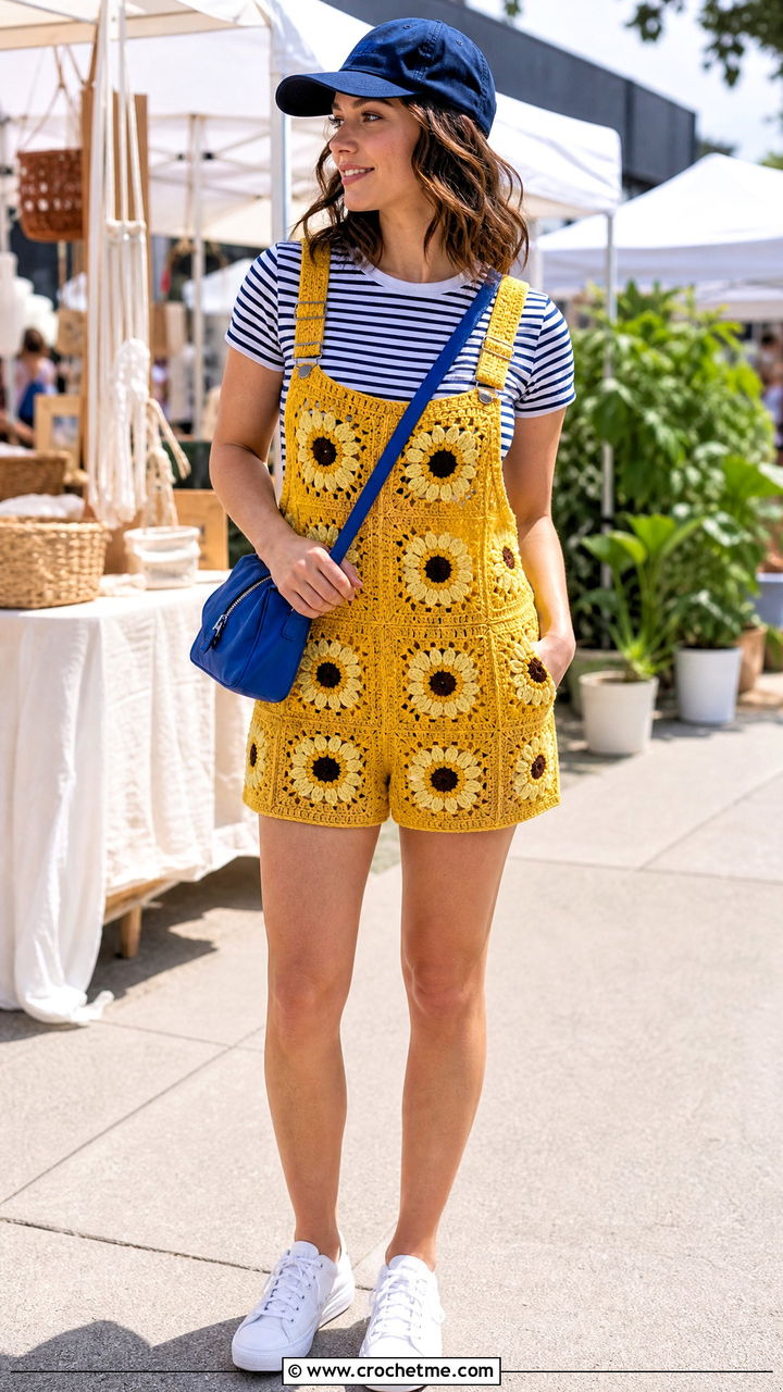 Granny Square Crochet Shortalls With Striped T Shirt - 35 granny square crochet clothes and outfit ideas