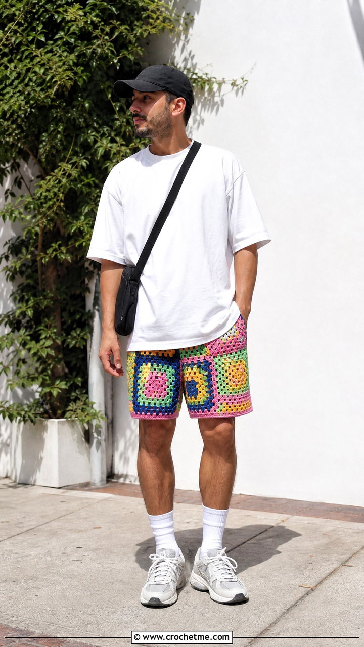 Granny Square Crochet Shorts With Oversized T Shirt - 35 crochet outfits for men outfit ideas
