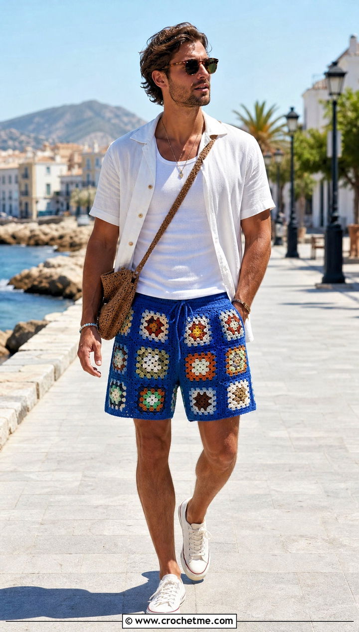 Granny Square Crochet Shorts With White Camp Shirt - 15 mens crochet shorts outfit ideas