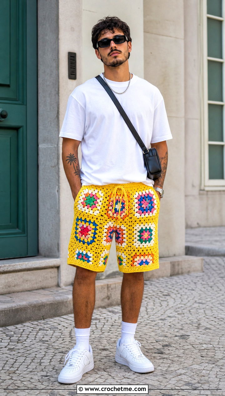 Granny Square Crochet Shorts With White T Shirt - 25 Crochet Shorts Mens outfit ideas