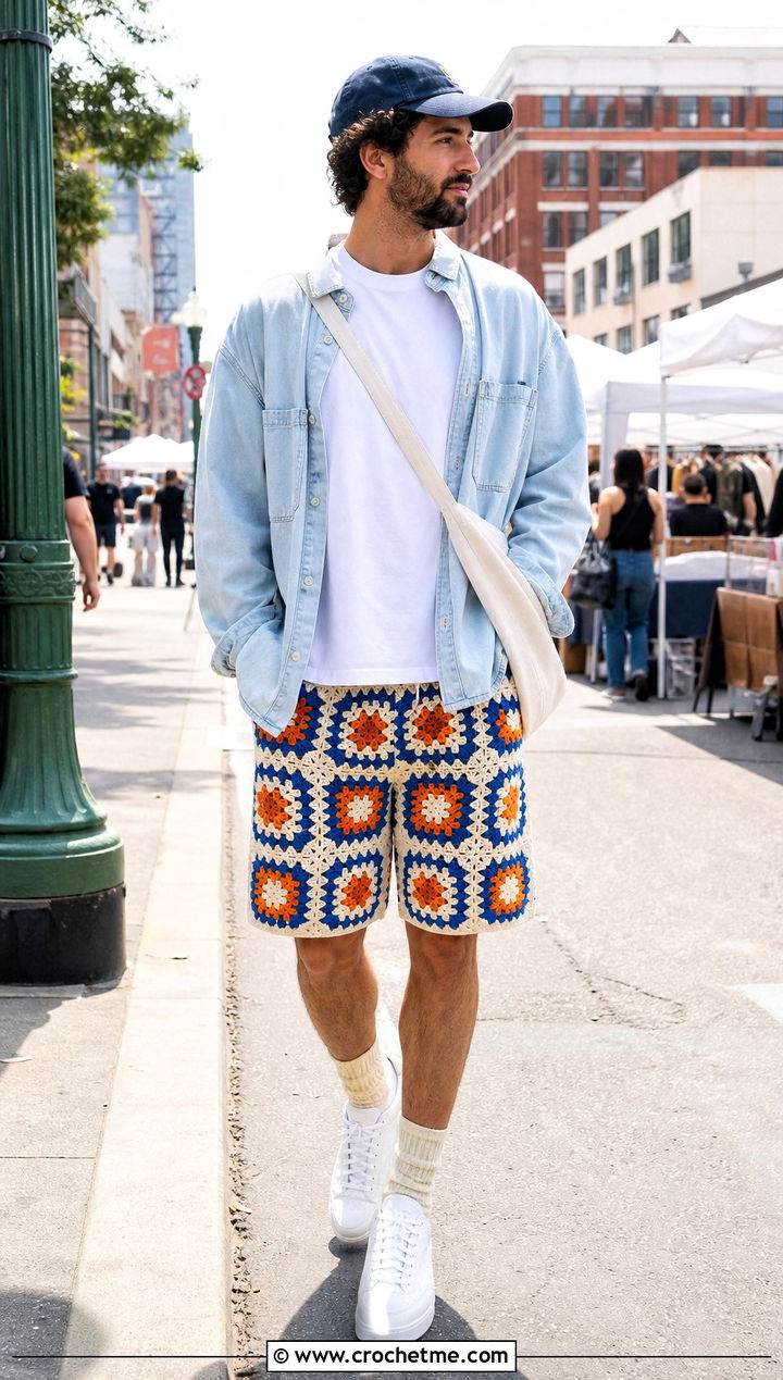 Granny Square Crochet Shorts With White T Shirt - 15 Crochet Mens Shorts For Men outfit ideas