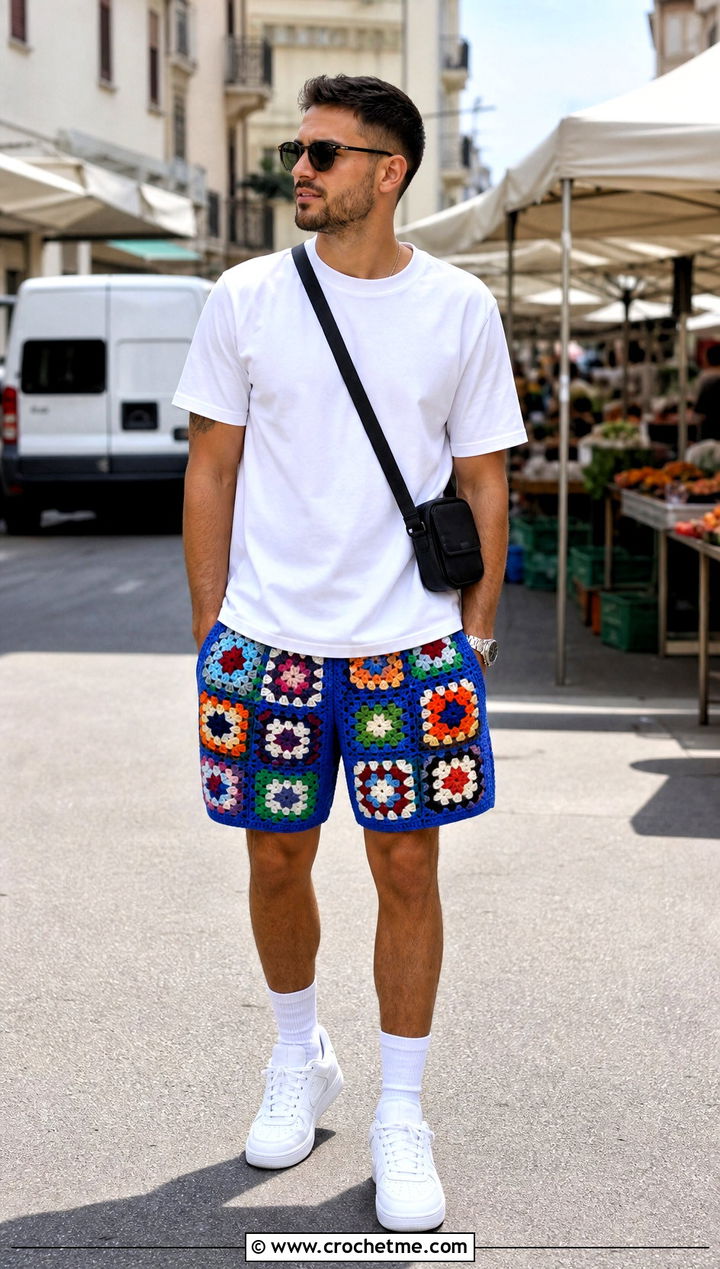 Granny Square Crochet Shorts With White T Shirt - 15 crochet shorts men outfit ideas