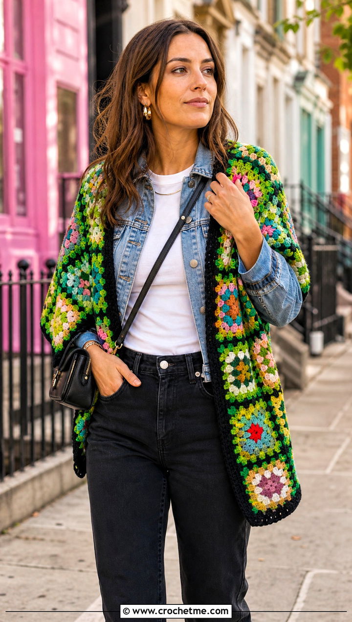 Granny Square Crochet Shoulder Shawl With Denim Jacket - 25 Crochet Shoulder Shawl outfit ideas