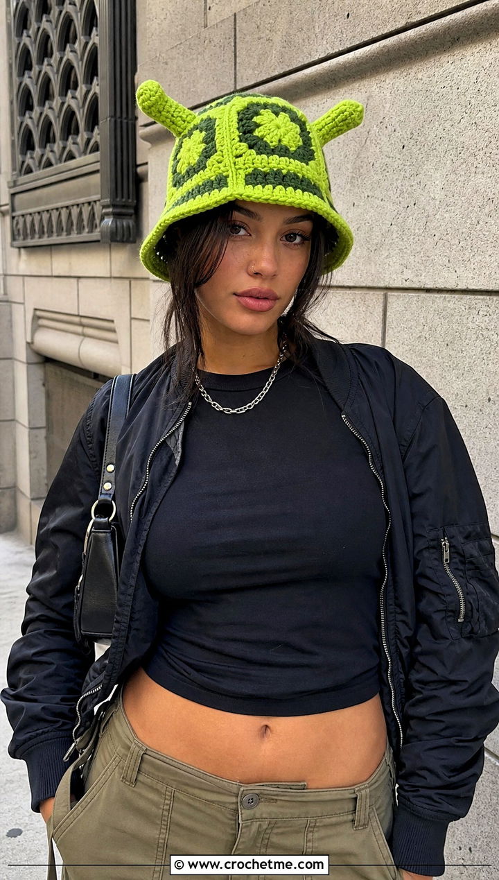 Granny Square Crochet Shrek Bucket Hat With Cargo Pants - 15 Crochet Shrek Bucket Hat outfit ideas