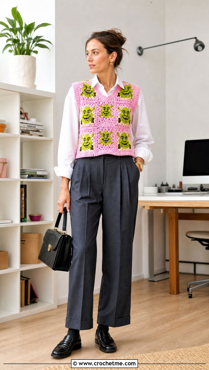 Granny Square Crochet Shrek Vest With Pleated Trousers - 15 Crochet Shrek Vest outfit ideas