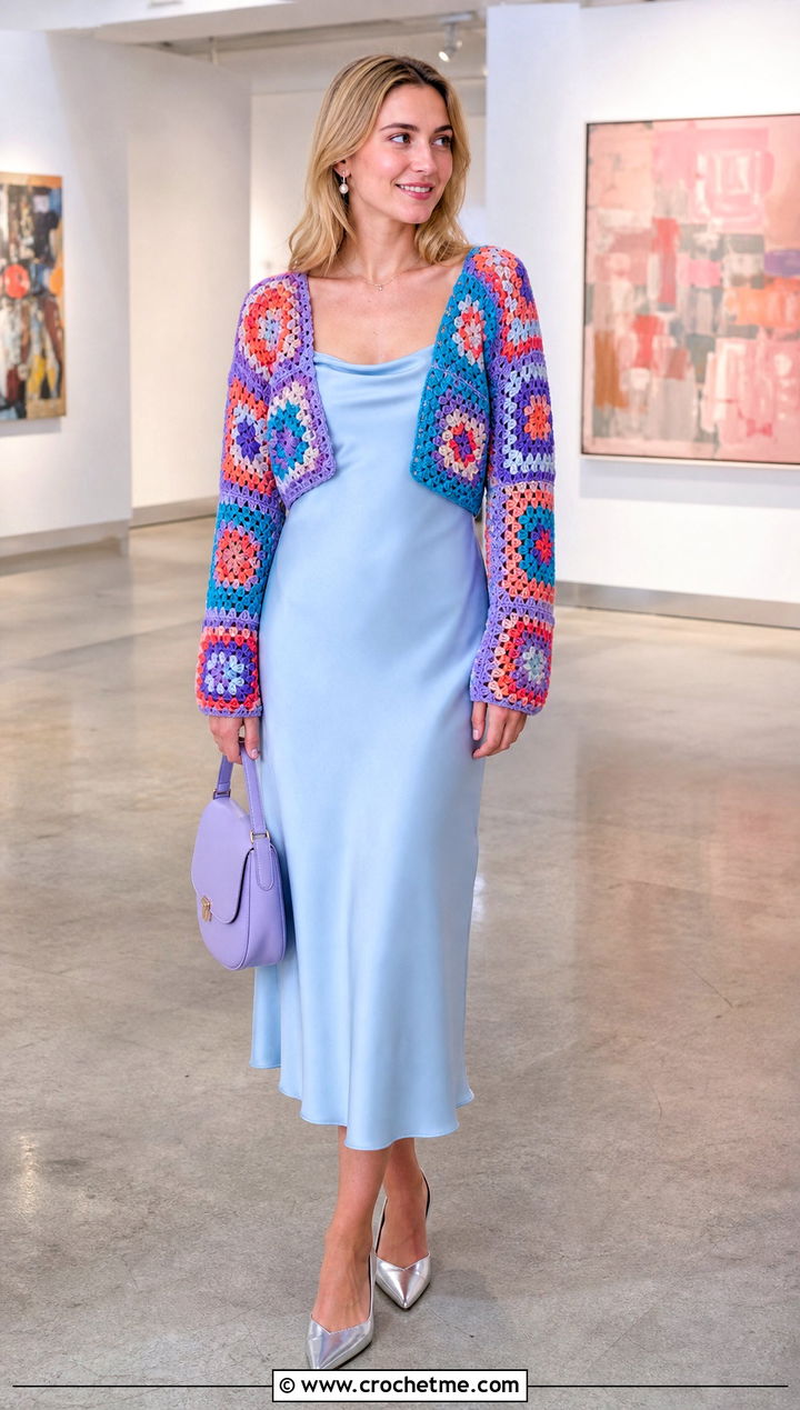 Granny Square Crochet Shrug Sweater With Slip Dress - 30 crochet shrug sweater outfit ideas