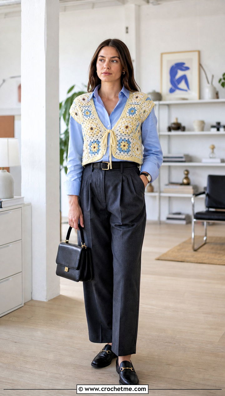 Granny Square Crochet Shrug Vest With Tailored Trousers - 15 crochet shrug vest outfit ideas