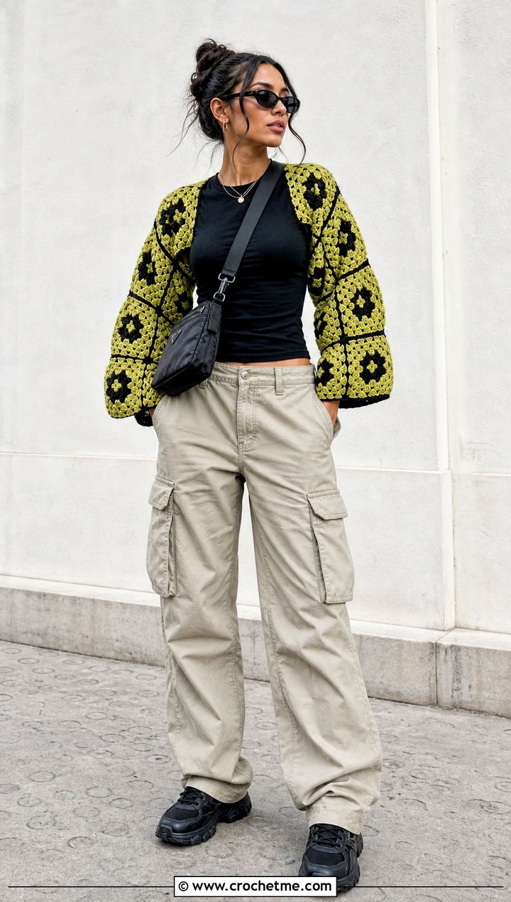 Granny Square Crochet Shrug With Cargo Pants - 30 easy simple crochet shrug outfit ideas