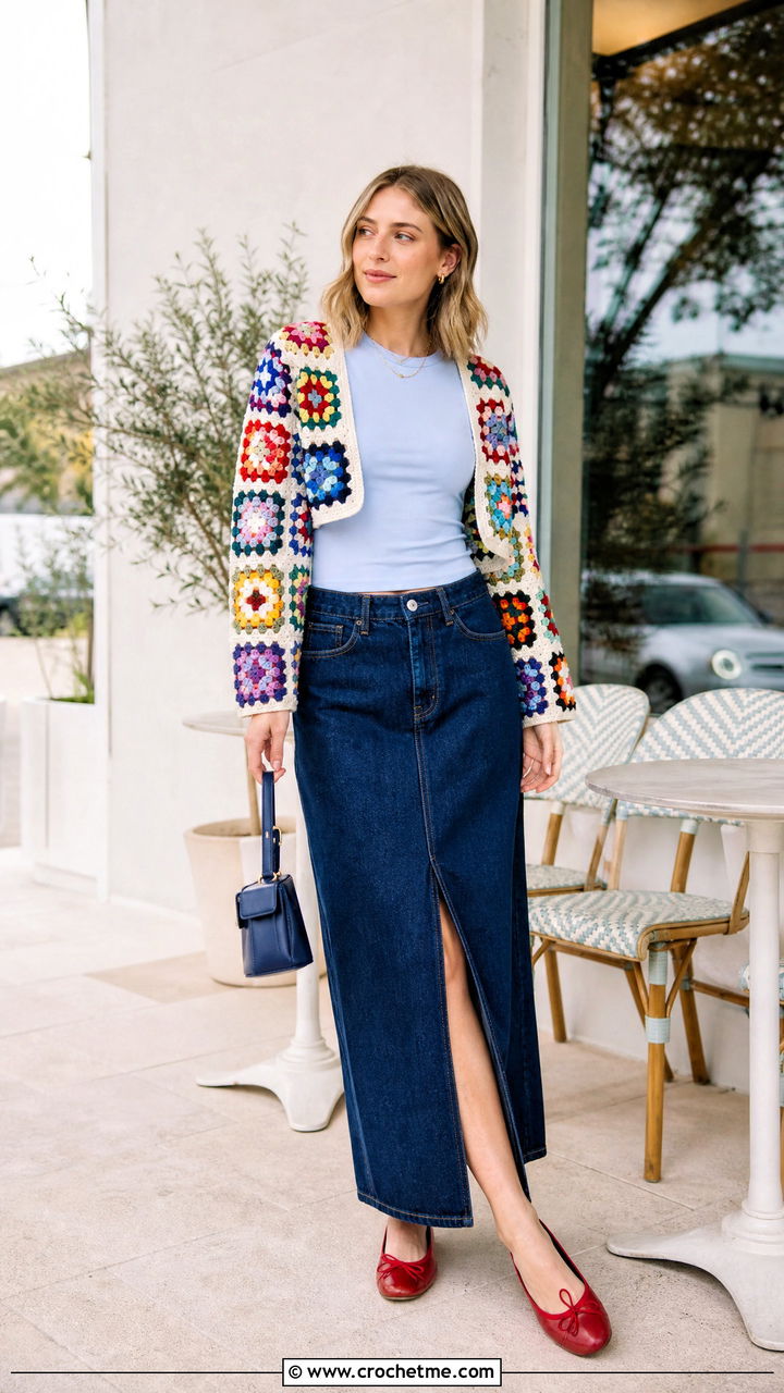 Granny Square Crochet Shrug With Denim Maxi Skirt - 35 crochet shrug bolero outfit ideas