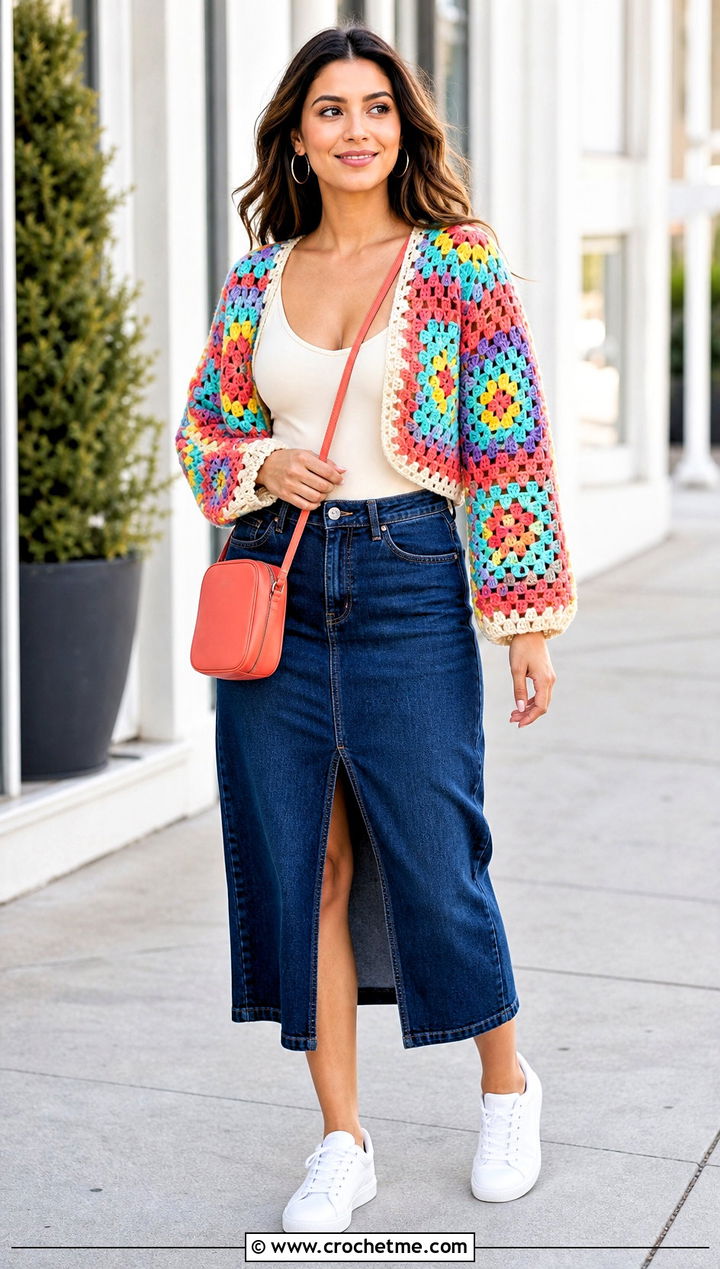 Granny Square Crochet Shrug With Denim Midi Skirt - 25 Crochet Shrug Sleeves outfit ideas